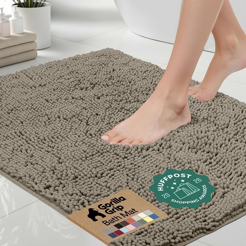 image:imageGORILLA GRIP Bath Rug Mat Thick Soft Absorbent Chenille Quick Dry Microfiber Mats Rubber Backing Machine Washable Shower Floor Rugs Bathroom Bathmat Home Decor Accessories 24x17 GreyLatte