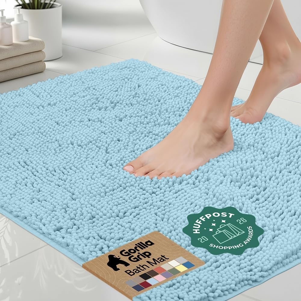 image:imageGORILLA GRIP Bath Rug Mat Thick Soft Absorbent Chenille Quick Dry Microfiber Mats Rubber Backing Machine Washable Shower Floor Rugs Bathroom Bathmat Home Decor Accessories 24x17 GreySky