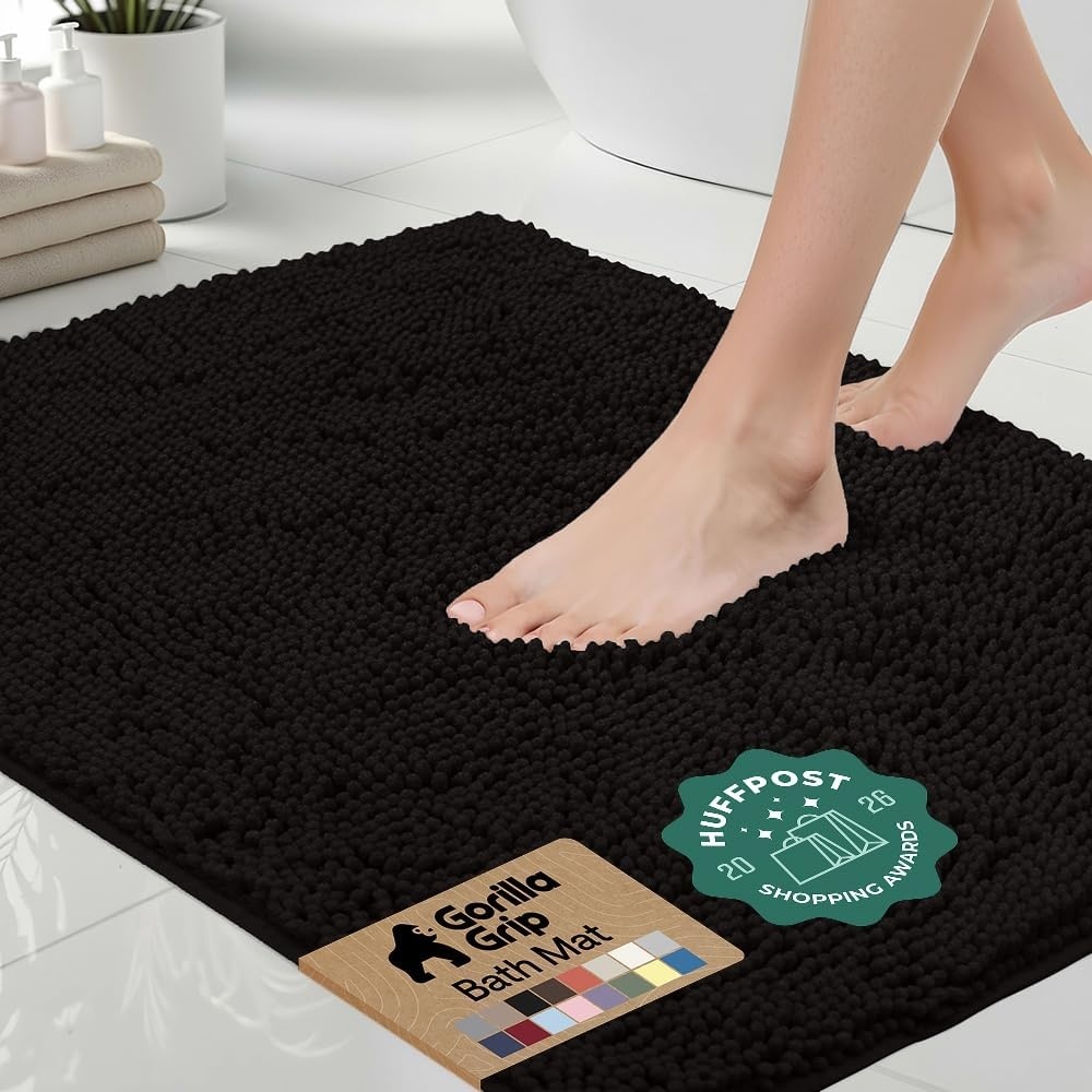 image:imageGORILLA GRIP Bath Rug Mat Thick Soft Absorbent Chenille Quick Dry Microfiber Mats Rubber Backing Machine Washable Shower Floor Rugs Bathroom Bathmat Home Decor Accessories 24x17 GreyBlack