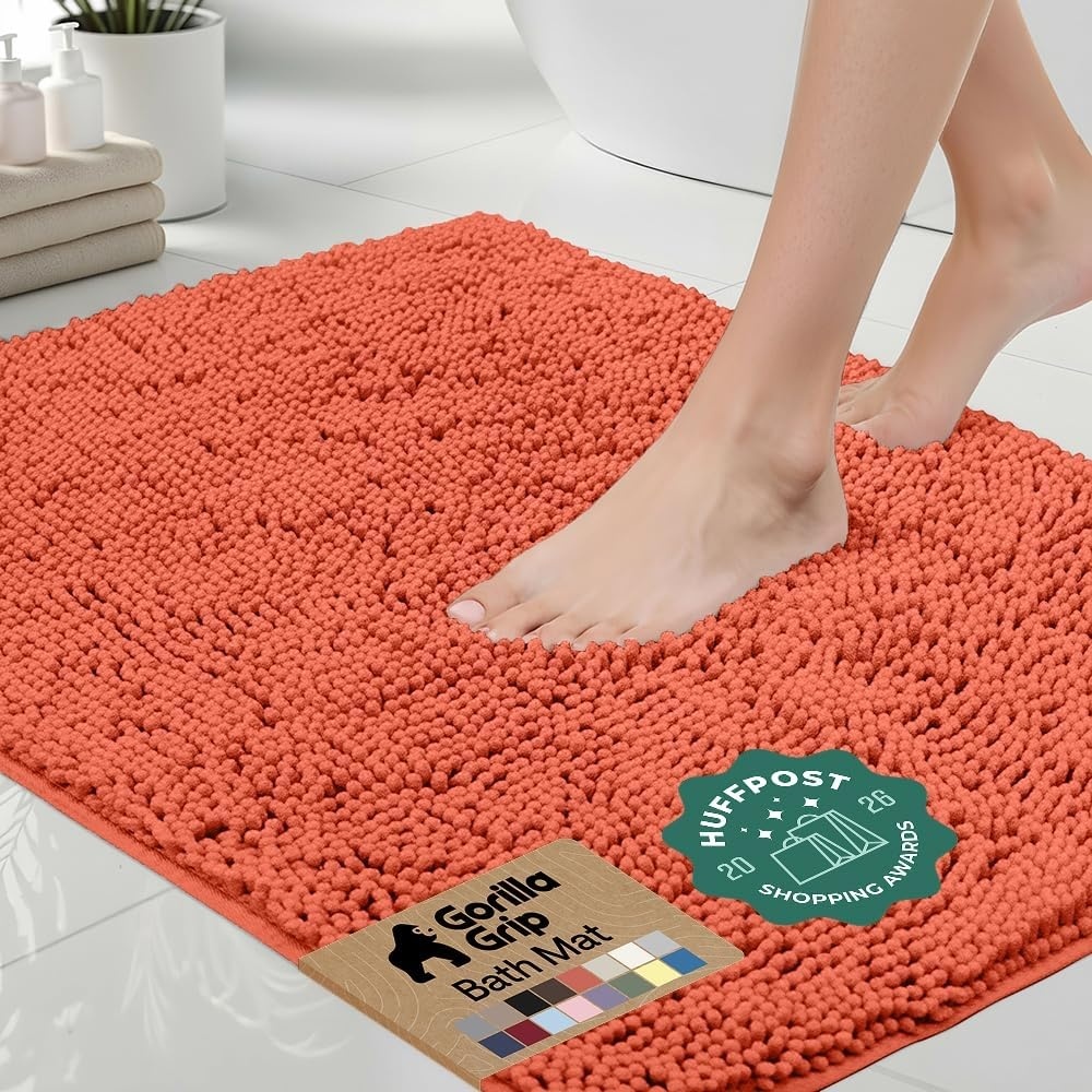 image:imageGORILLA GRIP Bath Rug Mat Thick Soft Absorbent Chenille Quick Dry Microfiber Mats Rubber Backing Machine Washable Shower Floor Rugs Bathroom Bathmat Home Decor Accessories 24x17 GreyCoral