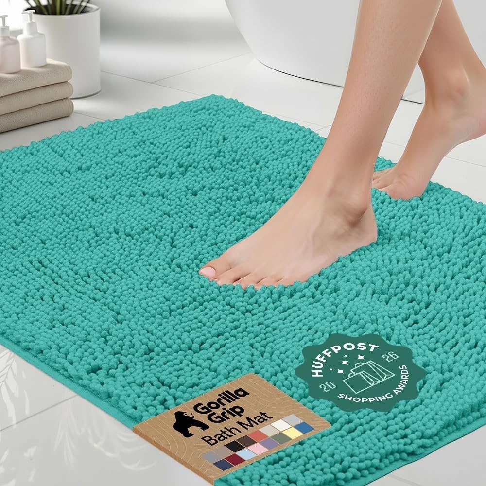 image:imageGORILLA GRIP Bath Rug Mat Thick Soft Absorbent Chenille Quick Dry Microfiber Mats Rubber Backing Machine Washable Shower Floor Rugs Bathroom Bathmat Home Decor Accessories 24x17 GreyTurquoise