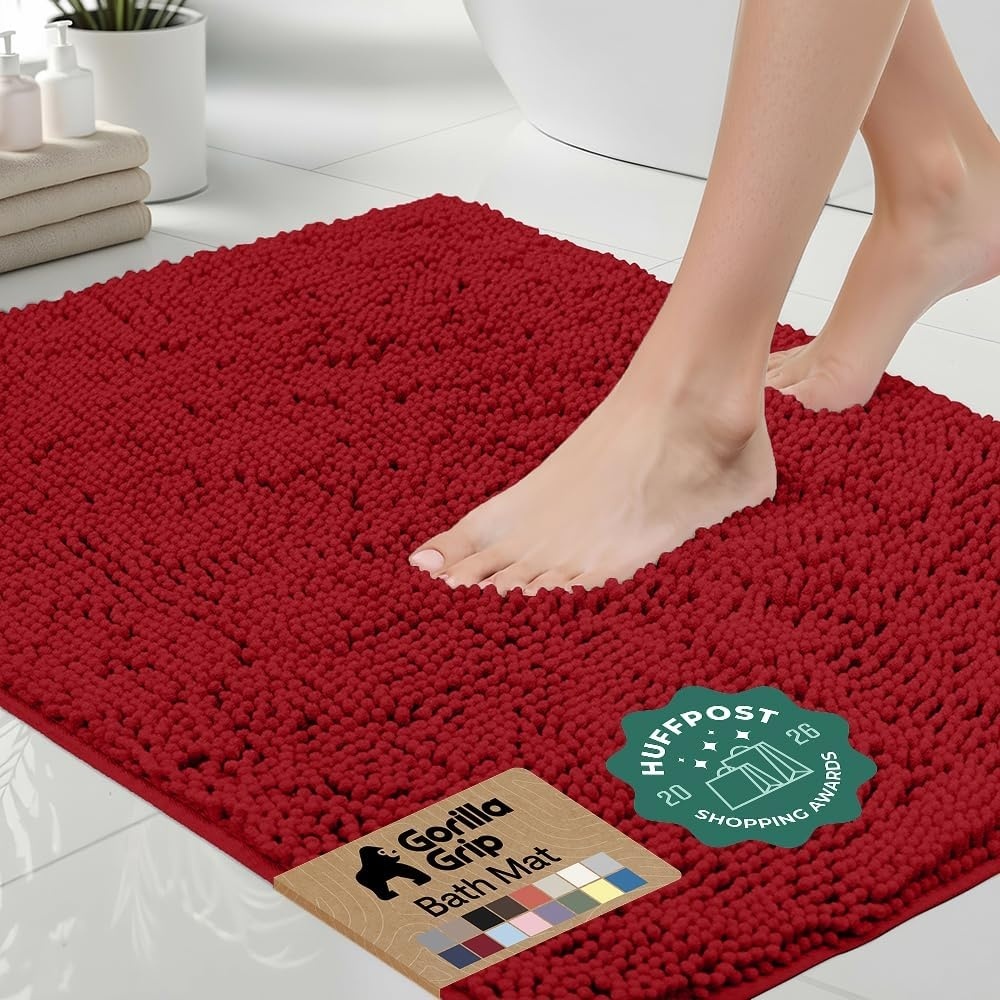 image:imageGORILLA GRIP Bath Rug Mat Thick Soft Absorbent Chenille Quick Dry Microfiber Mats Rubber Backing Machine Washable Shower Floor Rugs Bathroom Bathmat Home Decor Accessories 24x17 GreyRed