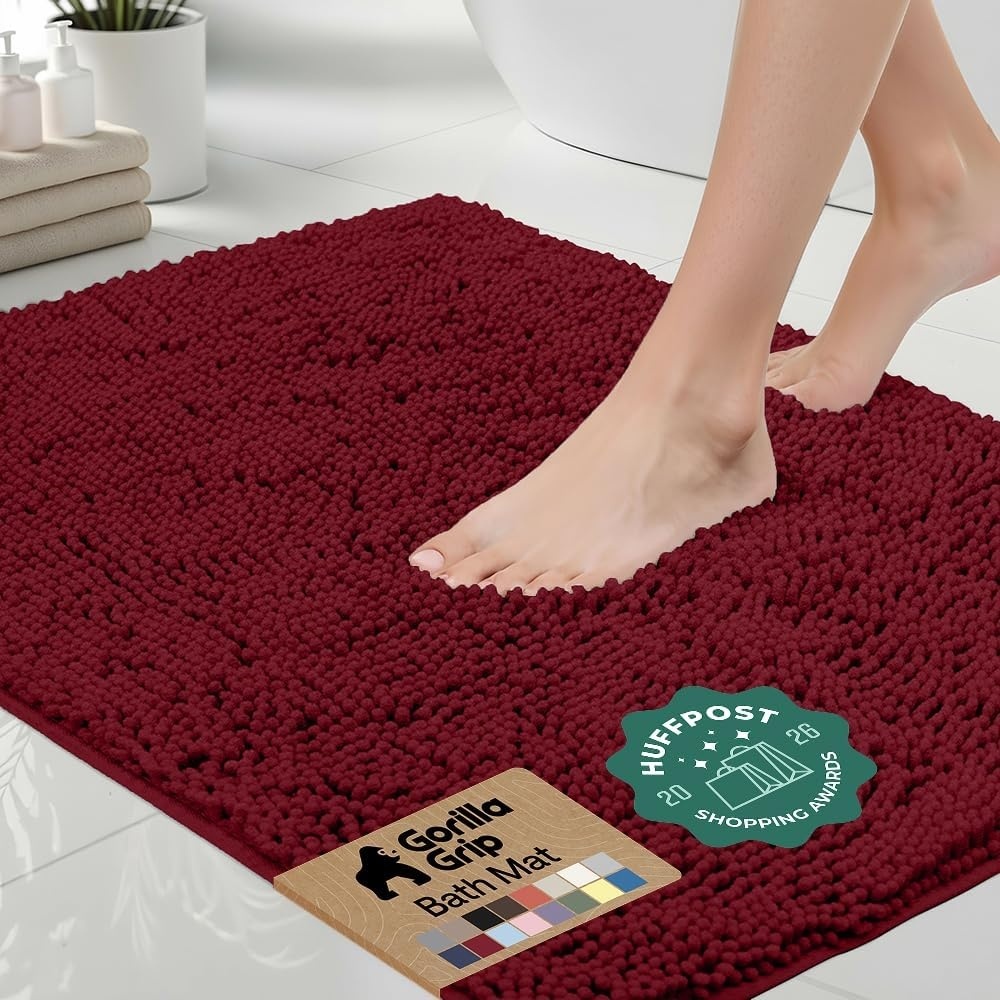 image:imageGORILLA GRIP Bath Rug Mat Thick Soft Absorbent Chenille Quick Dry Microfiber Mats Rubber Backing Machine Washable Shower Floor Rugs Bathroom Bathmat Home Decor Accessories 24x17 GreyBurgundy