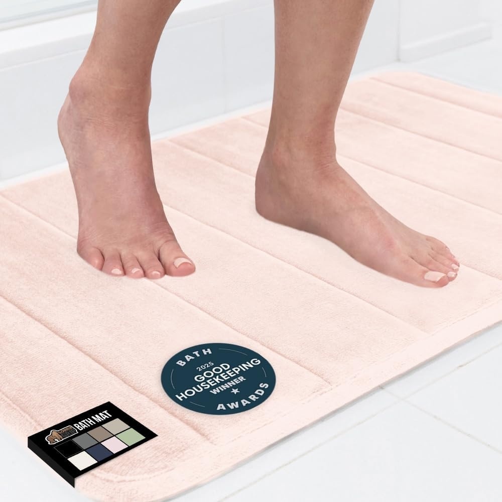 image:imageGORILLA GRIP Memory Foam Bath Mat Soft Absorbent US Designed Bathroom Rug Gripping Dots Machine Washable Bathmat Cushioned Floor Mats Shower Sink Rugs Room Dcor Accessories 24x17 Graphite GrayStriped Pink