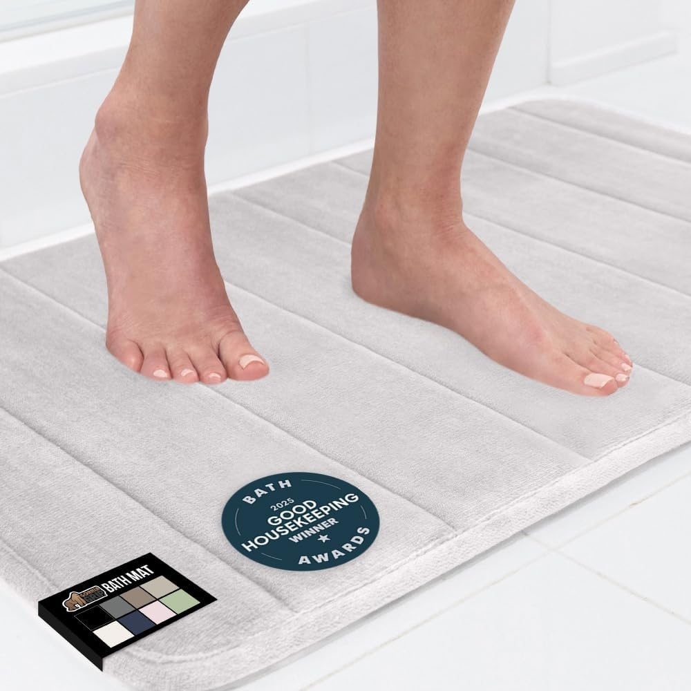 image:imageGORILLA GRIP Memory Foam Bath Mat Soft Absorbent US Designed Bathroom Rug Gripping Dots Machine Washable Bathmat Cushioned Floor Mats Shower Sink Rugs Room Dcor Accessories 24x17 Graphite GrayStriped Light Gray