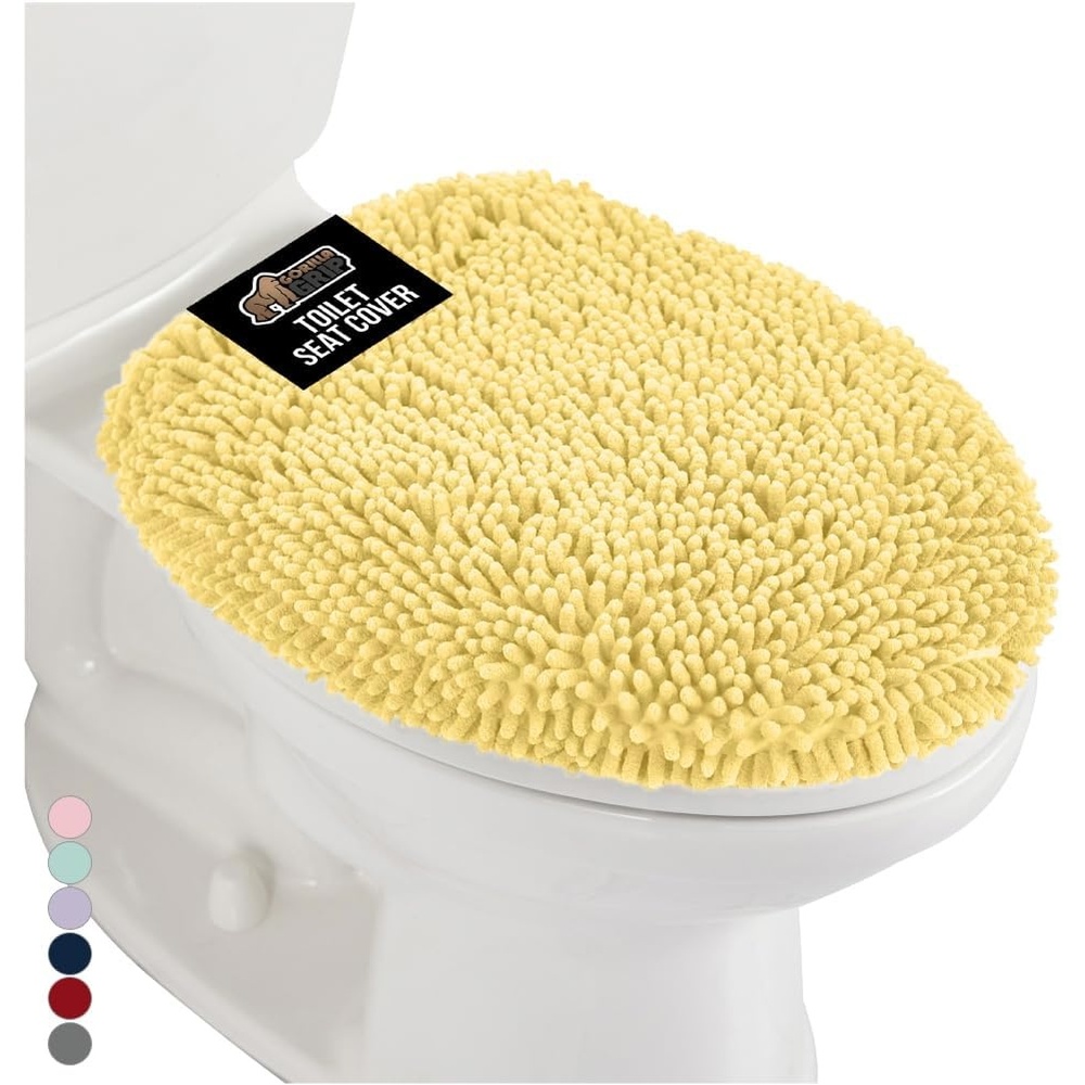 image:imageGORILLA GRIP Soft Chenille Bathroom Toilet Lid Cover Machine Washable Seat Covers 195x185 Stays in Place Rubber Backing Fits Most Round Elongated and Oblong Lids Accessories Decor GreyYellow