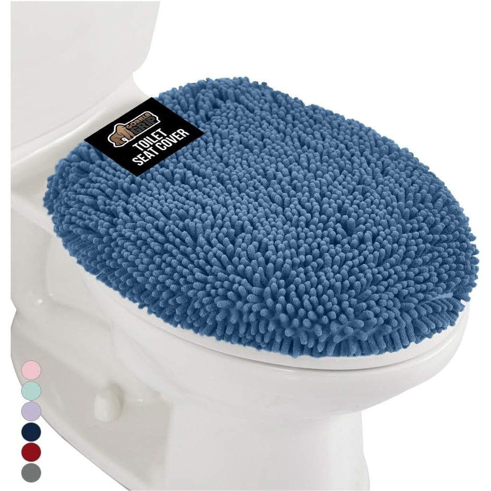 image:imageGORILLA GRIP Soft Chenille Bathroom Toilet Lid Cover Machine Washable Seat Covers 195x185 Stays in Place Rubber Backing Fits Most Round Elongated and Oblong Lids Accessories Decor GreyBlue