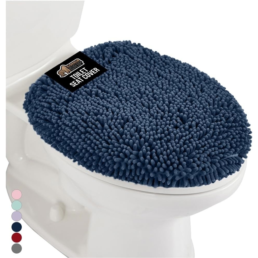 image:imageGORILLA GRIP Soft Chenille Bathroom Toilet Lid Cover Machine Washable Seat Covers 195x185 Stays in Place Rubber Backing Fits Most Round Elongated and Oblong Lids Accessories Decor GreyNavy