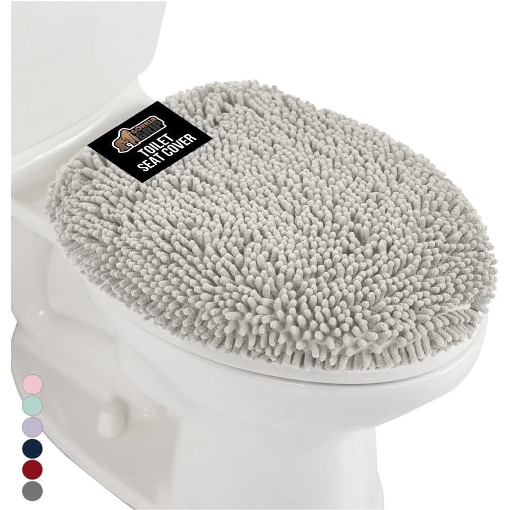 image:imageGORILLA GRIP Soft Chenille Bathroom Toilet Lid Cover Machine Washable Seat Covers 195x185 Stays in Place Rubber Backing Fits Most Round Elongated and Oblong Lids Accessories Decor GreyLight Gray