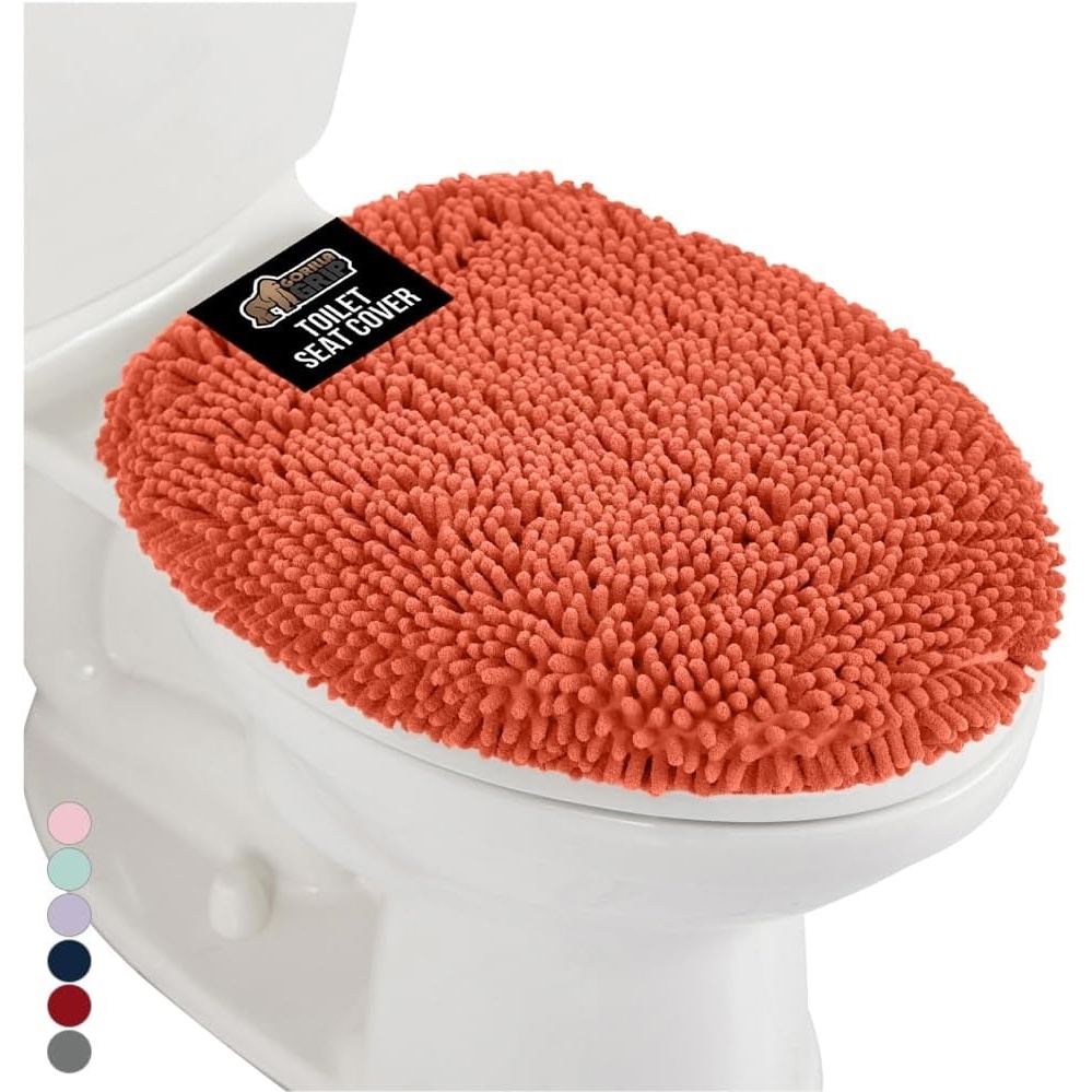 image:imageGORILLA GRIP Soft Chenille Bathroom Toilet Lid Cover Machine Washable Seat Covers 195x185 Stays in Place Rubber Backing Fits Most Round Elongated and Oblong Lids Accessories Decor GreyCoral