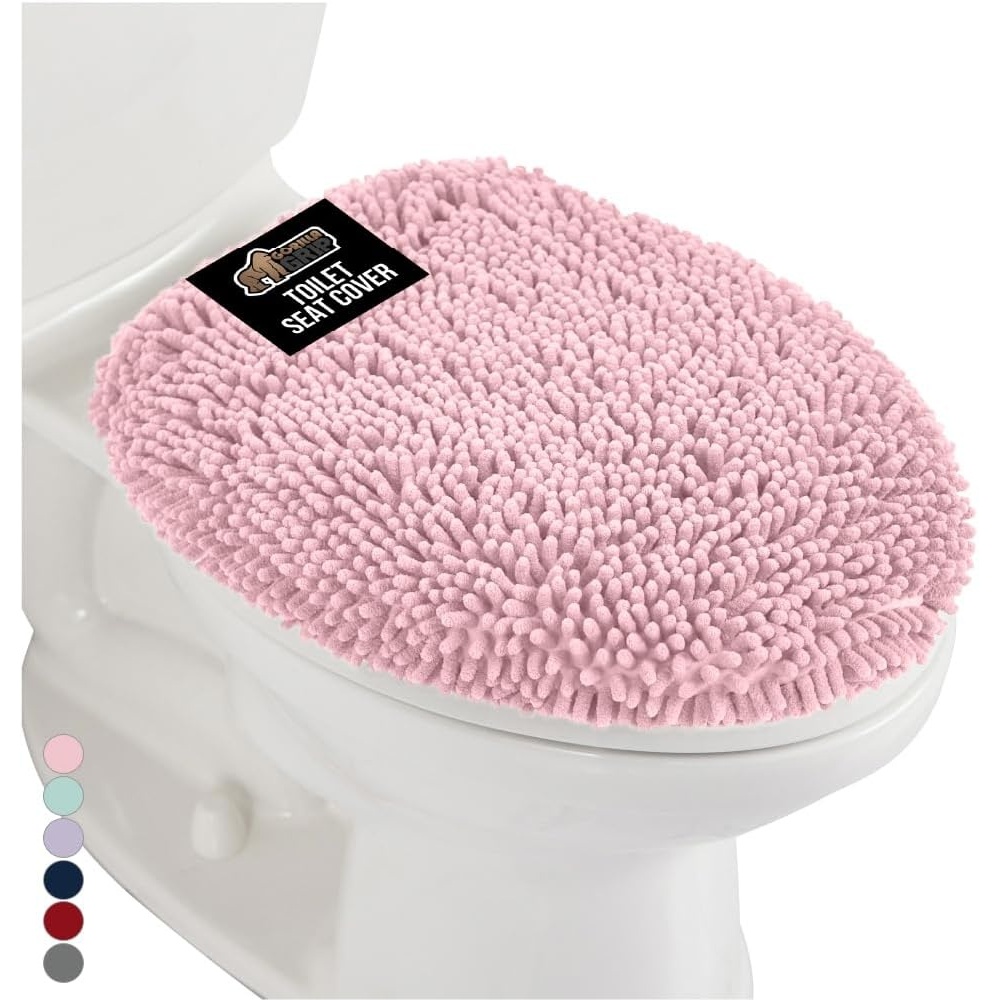 image:imageGORILLA GRIP Soft Chenille Bathroom Toilet Lid Cover Machine Washable Seat Covers 195x185 Stays in Place Rubber Backing Fits Most Round Elongated and Oblong Lids Accessories Decor GreyLight Pink