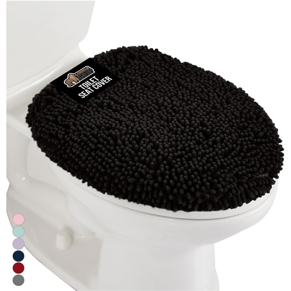 image:imageGORILLA GRIP Soft Chenille Bathroom Toilet Lid Cover Machine Washable Seat Covers 195x185 Stays in Place Rubber Backing Fits Most Round Elongated and Oblong Lids Accessories Decor GreyBlack