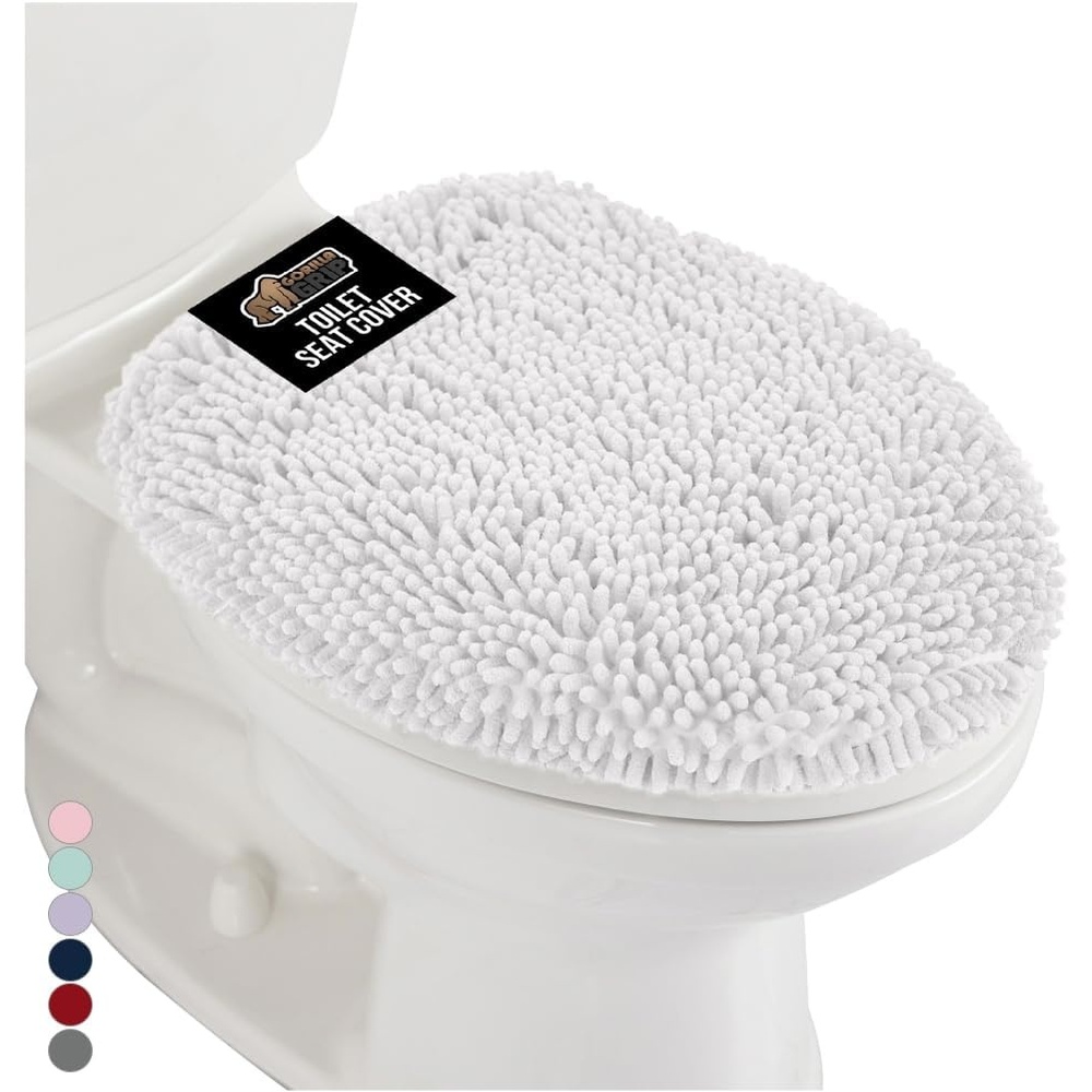 image:imageGORILLA GRIP Soft Chenille Bathroom Toilet Lid Cover Machine Washable Seat Covers 195x185 Stays in Place Rubber Backing Fits Most Round Elongated and Oblong Lids Accessories Decor GreyWhite