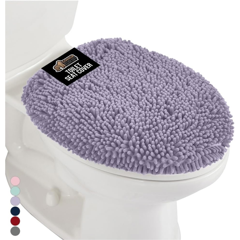 image:imageGORILLA GRIP Soft Chenille Bathroom Toilet Lid Cover Machine Washable Seat Covers 195x185 Stays in Place Rubber Backing Fits Most Round Elongated and Oblong Lids Accessories Decor GreyLight Purple
