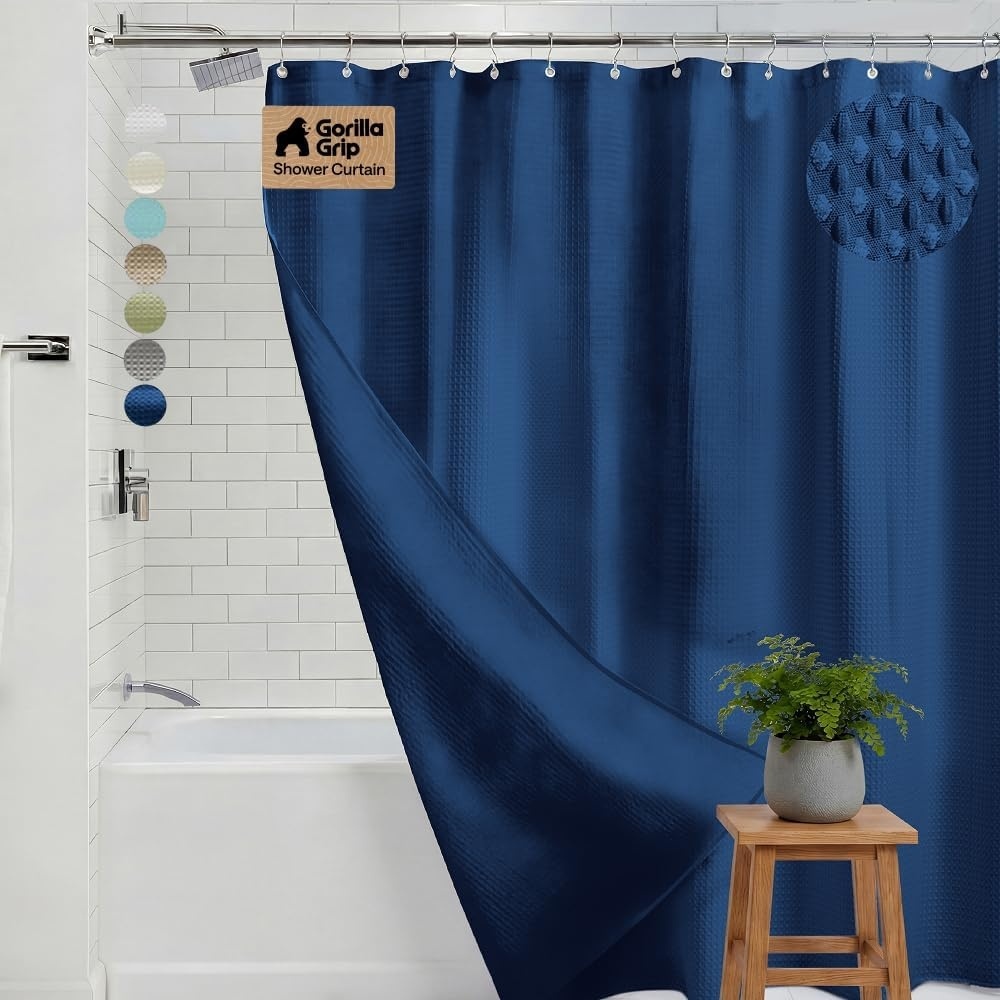 image:imageGORILLA GRIP Textured Shower Curtain Thick Weighted Fabric Wrinkle and Rust Resistant Hotel Quality Design Heavy Duty Curtains for Bathroom Showers Bath Tubs Machine Wash 72x72 WhiteNavy