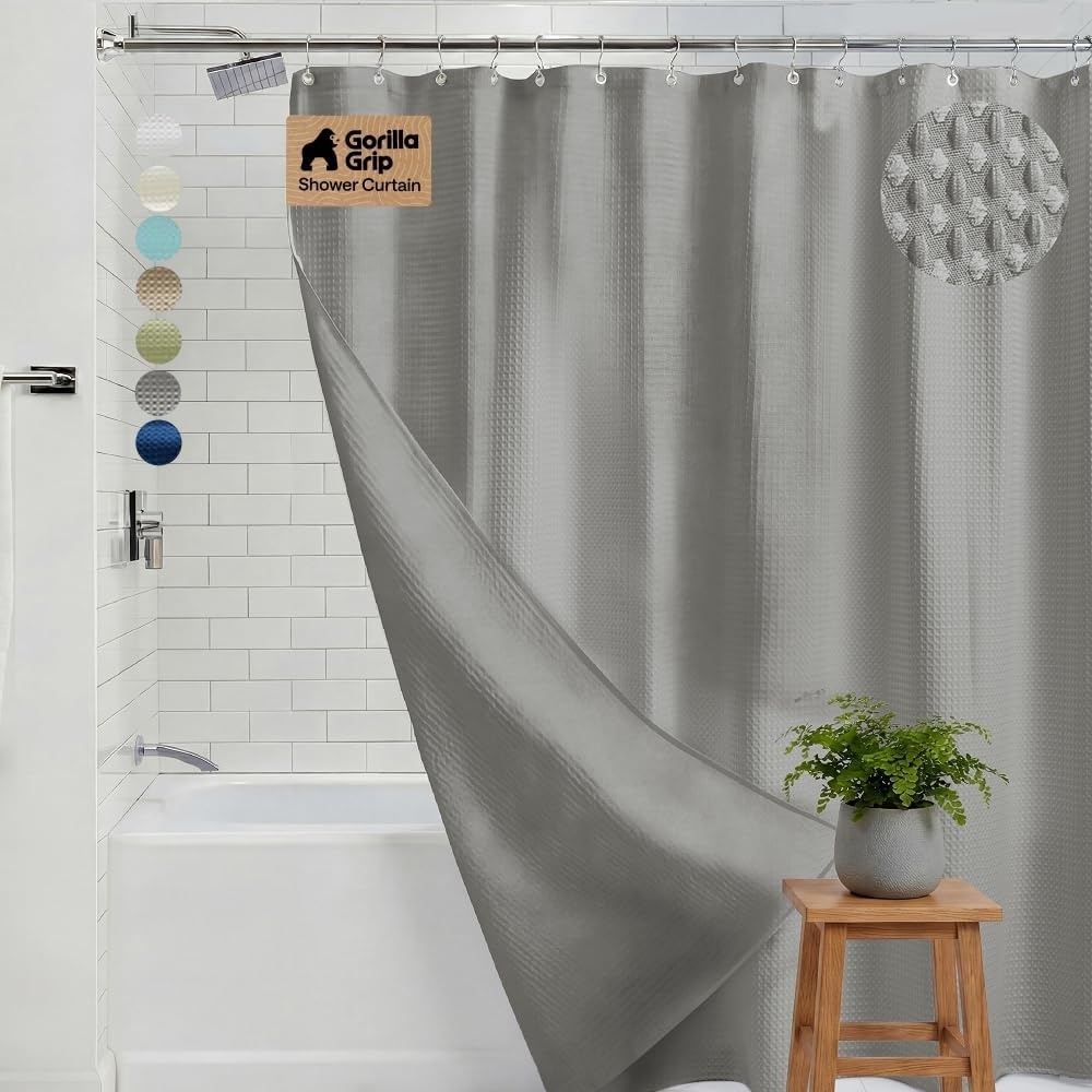 image:imageGORILLA GRIP Textured Shower Curtain Thick Weighted Fabric Wrinkle and Rust Resistant Hotel Quality Design Heavy Duty Curtains for Bathroom Showers Bath Tubs Machine Wash 72x72 WhiteGrey