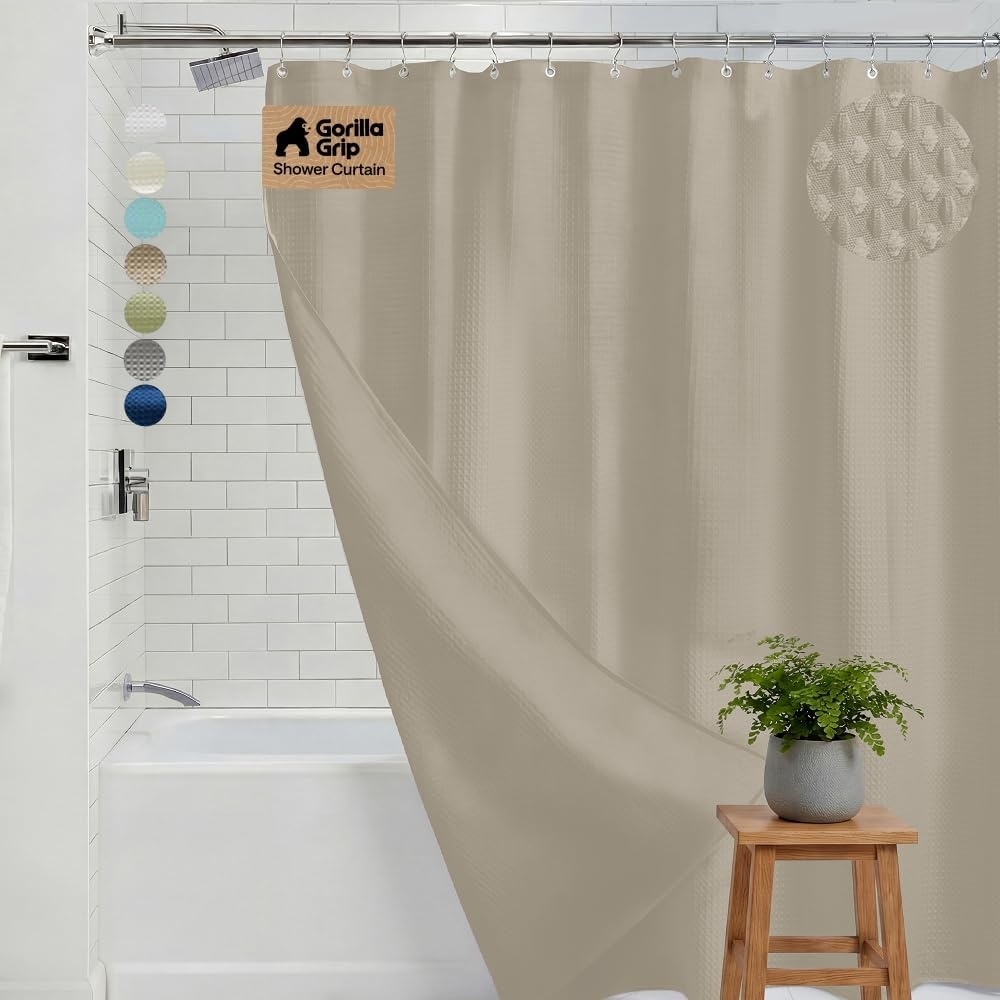 image:imageGORILLA GRIP Textured Shower Curtain Thick Weighted Fabric Wrinkle and Rust Resistant Hotel Quality Design Heavy Duty Curtains for Bathroom Showers Bath Tubs Machine Wash 72x72 WhiteBeige