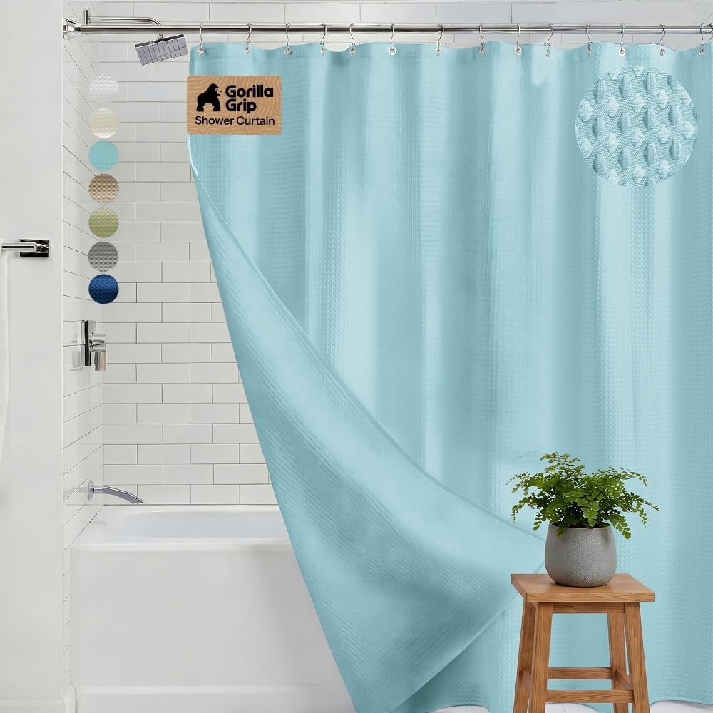 image:imageGORILLA GRIP Textured Shower Curtain Thick Weighted Fabric Wrinkle and Rust Resistant Hotel Quality Design Heavy Duty Curtains for Bathroom Showers Bath Tubs Machine Wash 72x72 WhiteSpa Blue