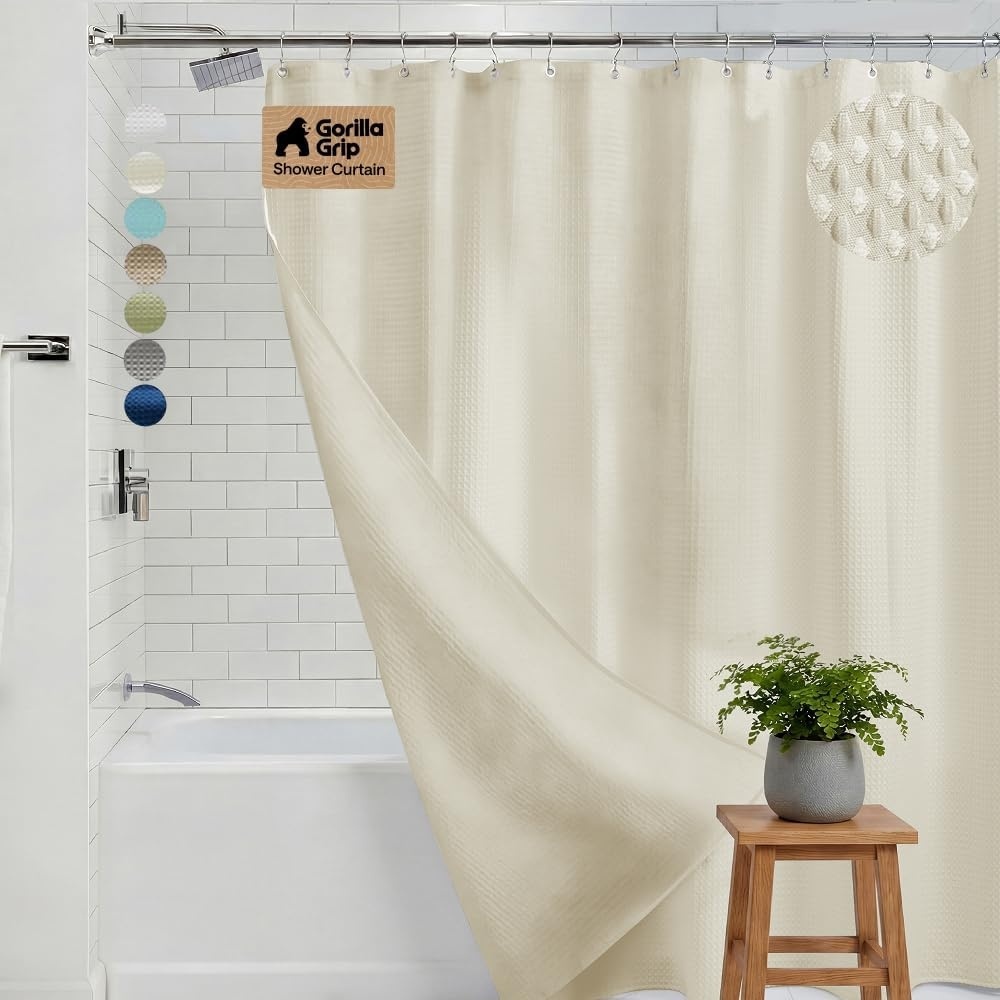 image:imageGORILLA GRIP Textured Shower Curtain Thick Weighted Fabric Wrinkle and Rust Resistant Hotel Quality Design Heavy Duty Curtains for Bathroom Showers Bath Tubs Machine Wash 72x72 WhiteIvory Cream
