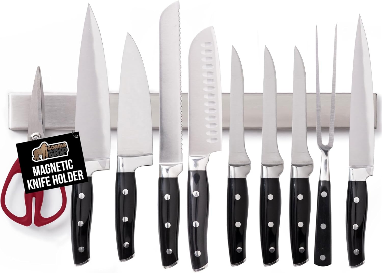 image:imageGORILLA GRIP 304 Stainless Steel Heavy Duty Magnetic Knife Holder Secure Wall Mounted Bar for Knives Tools Holds Up to 6 lbs Kitchen Organizer 10 Inch Strip Easy Installation Screws IncludedSilver