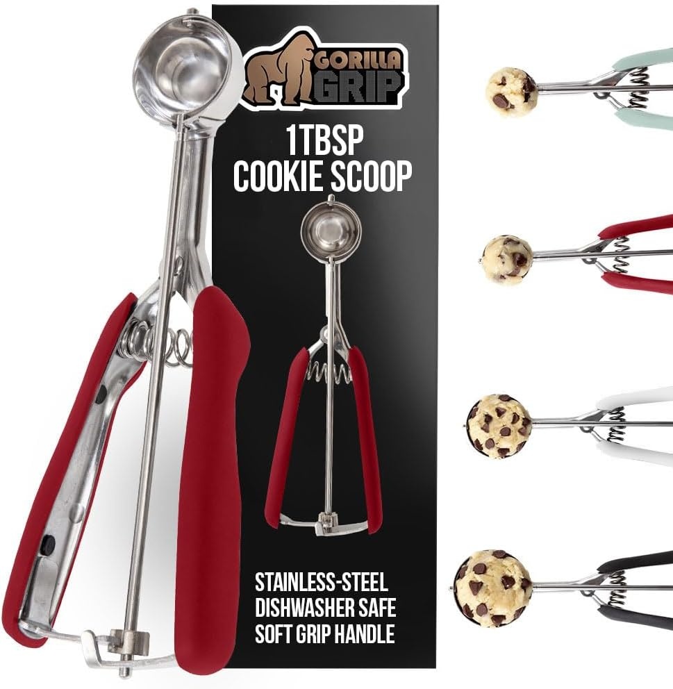 image:imageGORILLA GRIP BPAFree 304 Stainless Steel Cookie Scoop 1 TBSP Scooper 60 Soft Grip Handle Easy Food Release Create Even Portions Multipurpose Kitchen Melon Baller Meatball Spring Scoops BlackRed
