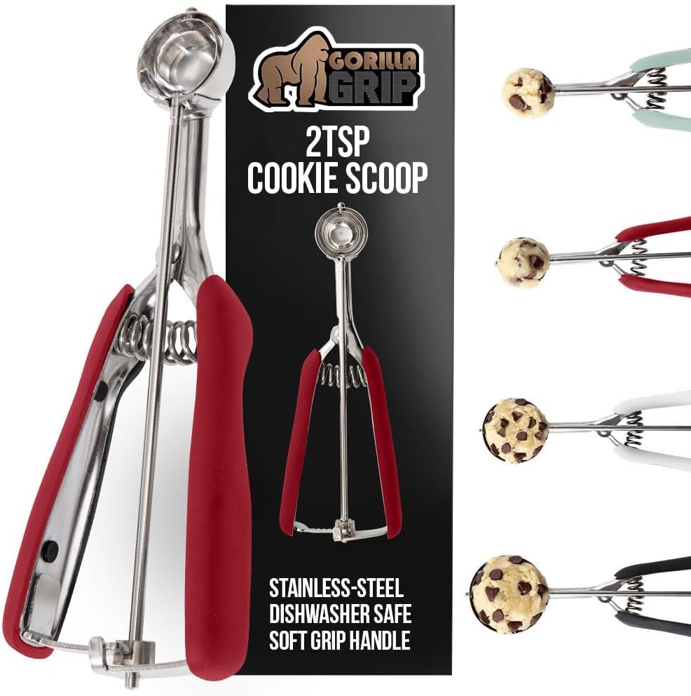 image:imageGORILLA GRIP BPAFree 304 Stainless Steel Cookie Scoop 1 TBSP Scooper 60 Soft Grip Handle Easy Food Release Create Even Portions Multipurpose Kitchen Melon Baller Meatball Spring Scoops BlackRed