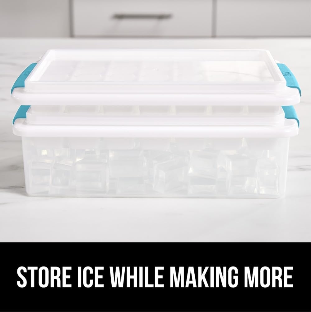 image:imageGORILLA GRIP BPAFree Easy Release Ice Cube Tray for Freezer Make Lots of Ice 56 Cubes Total Kit Includes 2 Stackable Leakproof Trays with Lid and Soft Handle Grips Scooper Bin For Coffee BlackTurquoise