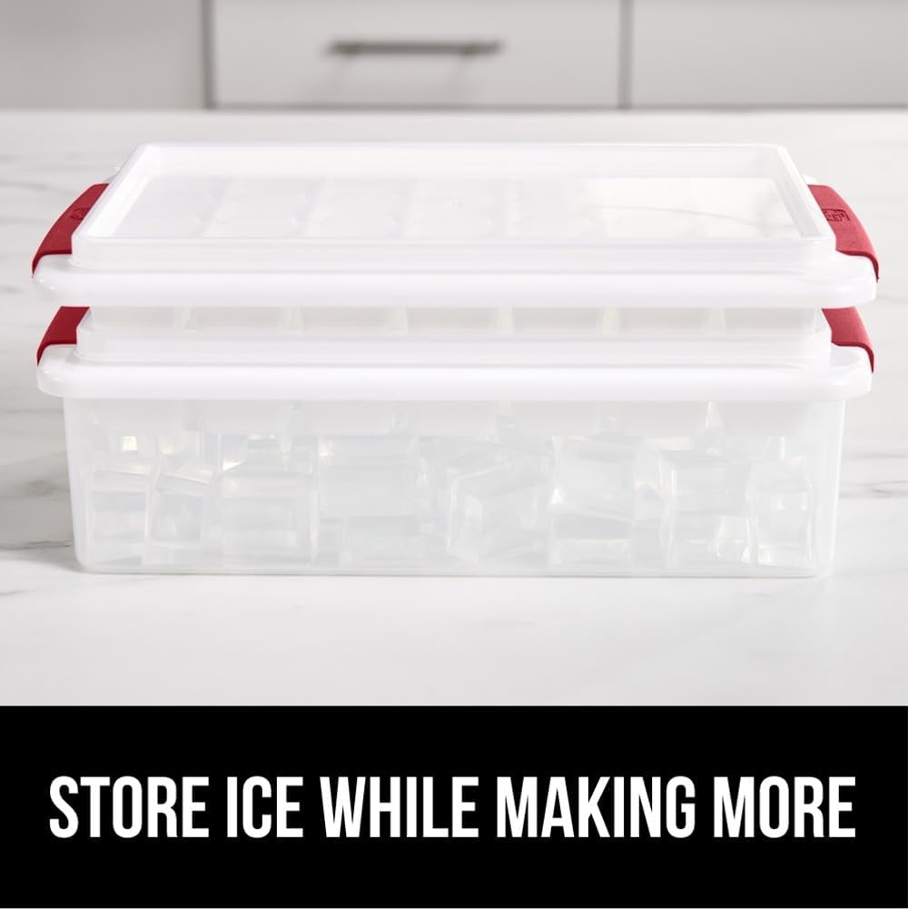 image:imageGORILLA GRIP BPAFree Easy Release Ice Cube Tray for Freezer Make Lots of Ice 56 Cubes Total Kit Includes 2 Stackable Leakproof Trays with Lid and Soft Handle Grips Scooper Bin For Coffee BlackRed