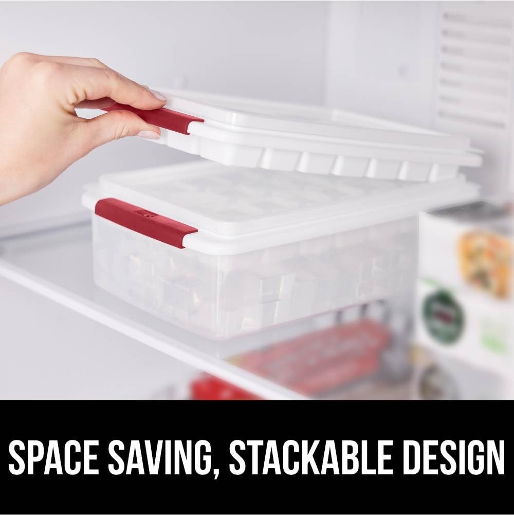 image:imageGORILLA GRIP BPAFree Easy Release Ice Cube Tray for Freezer Make Lots of Ice 56 Cubes Total Kit Includes 2 Stackable Leakproof Trays with Lid and Soft Handle Grips Scooper Bin For Coffee BlackRed