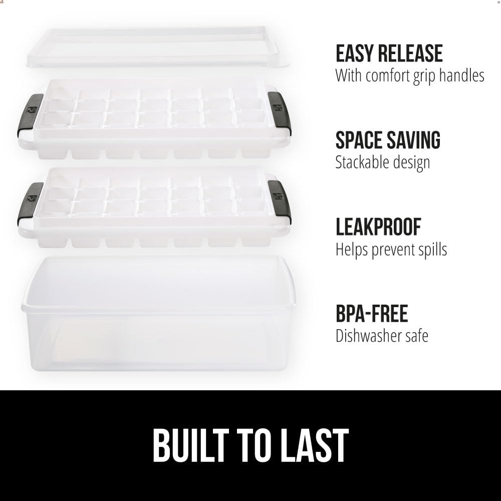 image:imageGORILLA GRIP BPAFree Easy Release Ice Cube Tray for Freezer Make Lots of Ice 56 Cubes Total Kit Includes 2 Stackable Leakproof Trays with Lid and Soft Handle Grips Scooper Bin For Coffee BlackBlack