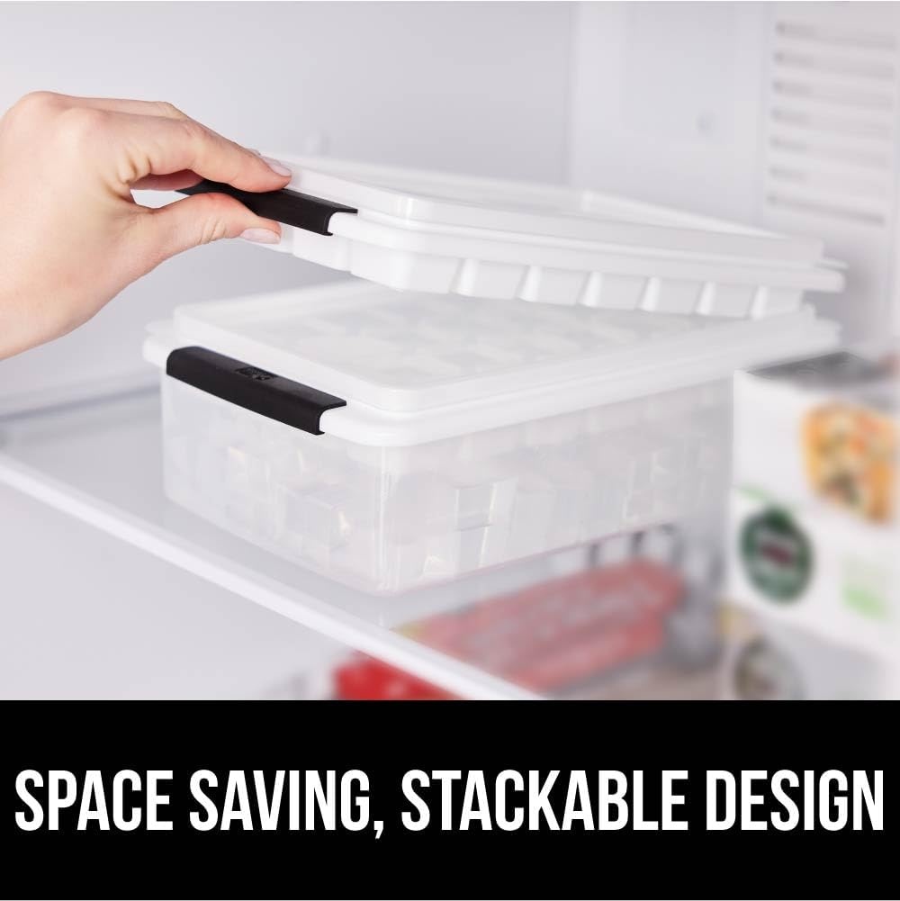 image:imageGORILLA GRIP BPAFree Easy Release Ice Cube Tray for Freezer Make Lots of Ice 56 Cubes Total Kit Includes 2 Stackable Leakproof Trays with Lid and Soft Handle Grips Scooper Bin For Coffee BlackBlack
