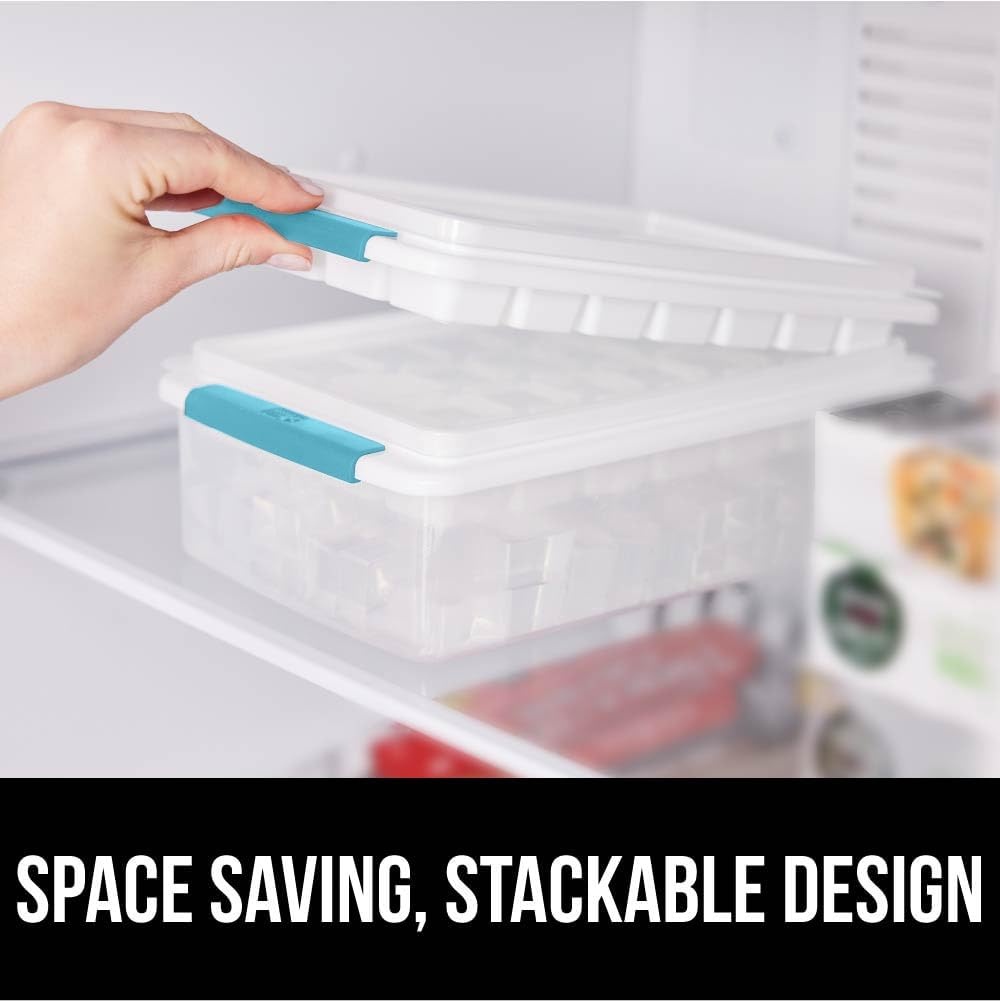 image:imageGORILLA GRIP BPAFree Easy Release Ice Cube Tray for Freezer Make Lots of Ice 56 Cubes Total Kit Includes 2 Stackable Leakproof Trays with Lid and Soft Handle Grips Scooper Bin For Coffee BlackTurquoise