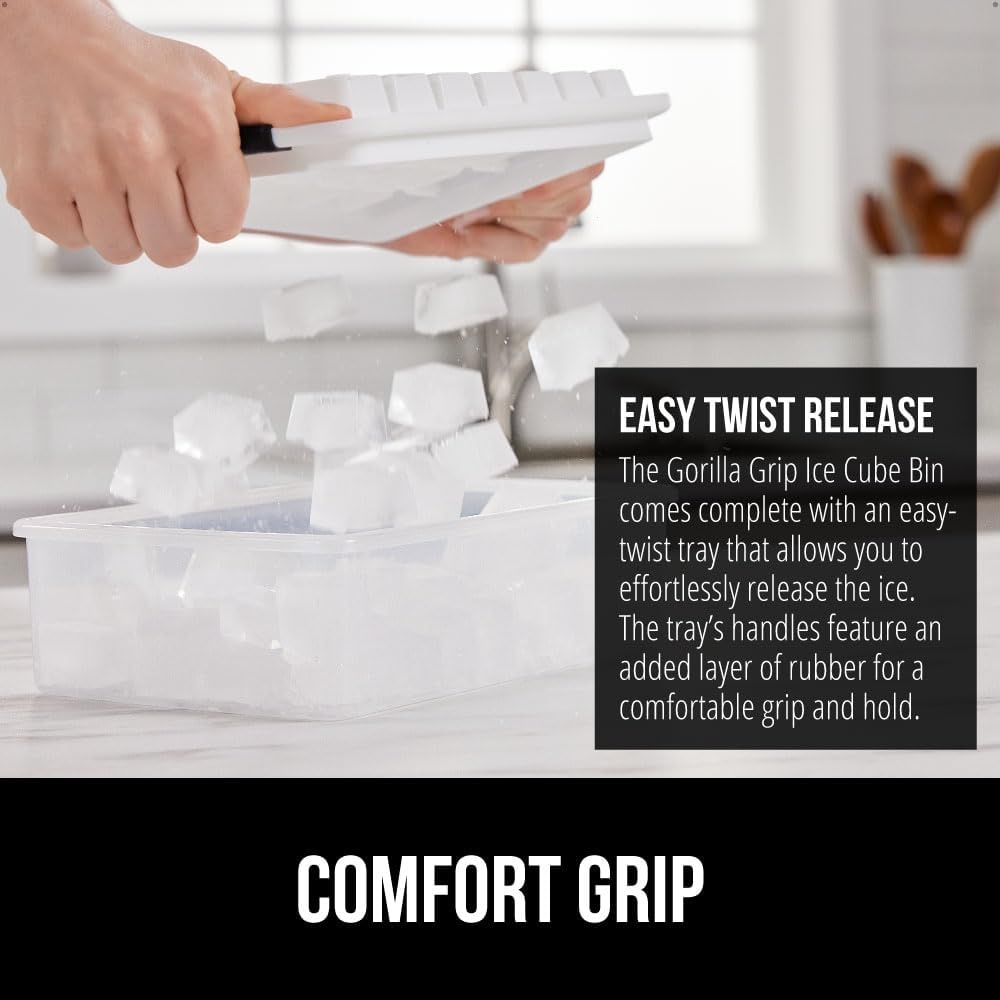 image:imageGORILLA GRIP BPAFree Easy Release Ice Cube Tray for Freezer Make Lots of Ice 56 Cubes Total Kit Includes 2 Stackable Leakproof Trays with Lid and Soft Handle Grips Scooper Bin For Coffee BlackBlack