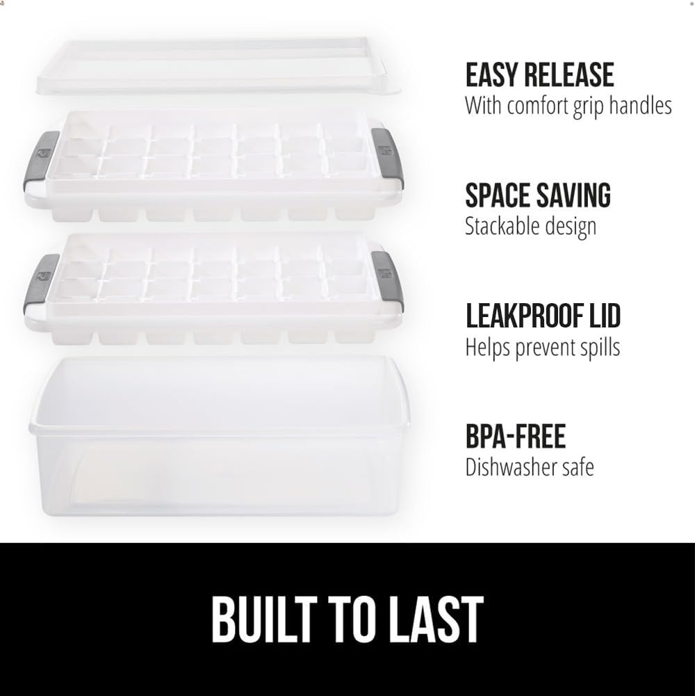 image:imageGORILLA GRIP BPAFree Easy Release Ice Cube Tray for Freezer Make Lots of Ice 56 Cubes Total Kit Includes 2 Stackable Leakproof Trays with Lid and Soft Handle Grips Scooper Bin For Coffee BlackGray