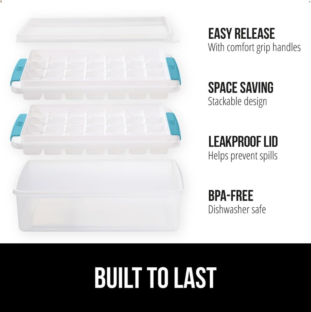 image:imageGORILLA GRIP BPAFree Easy Release Ice Cube Tray for Freezer Make Lots of Ice 56 Cubes Total Kit Includes 2 Stackable Leakproof Trays with Lid and Soft Handle Grips Scooper Bin For Coffee BlackTurquoise