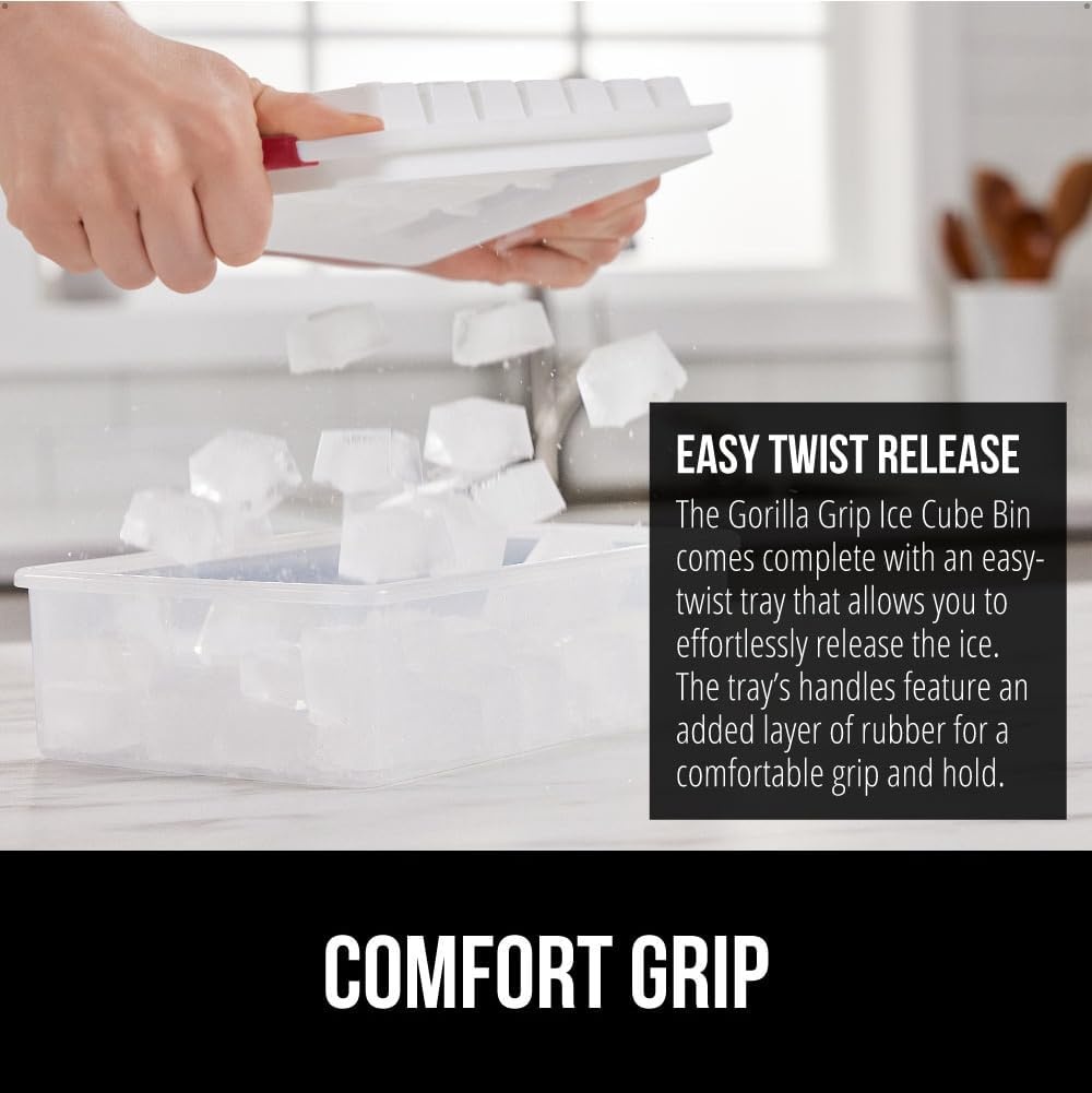 image:imageGORILLA GRIP BPAFree Easy Release Ice Cube Tray for Freezer Make Lots of Ice 56 Cubes Total Kit Includes 2 Stackable Leakproof Trays with Lid and Soft Handle Grips Scooper Bin For Coffee BlackRed