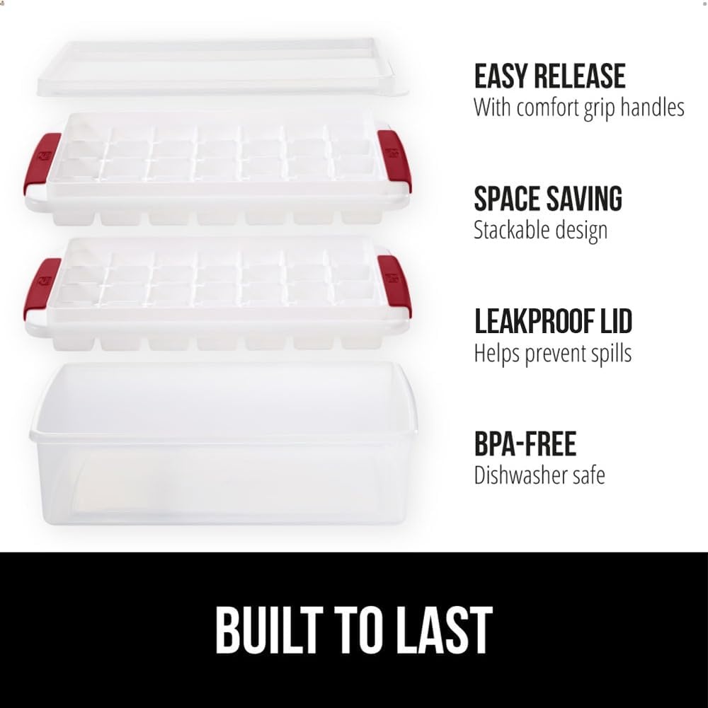 image:imageGORILLA GRIP BPAFree Easy Release Ice Cube Tray for Freezer Make Lots of Ice 56 Cubes Total Kit Includes 2 Stackable Leakproof Trays with Lid and Soft Handle Grips Scooper Bin For Coffee BlackRed