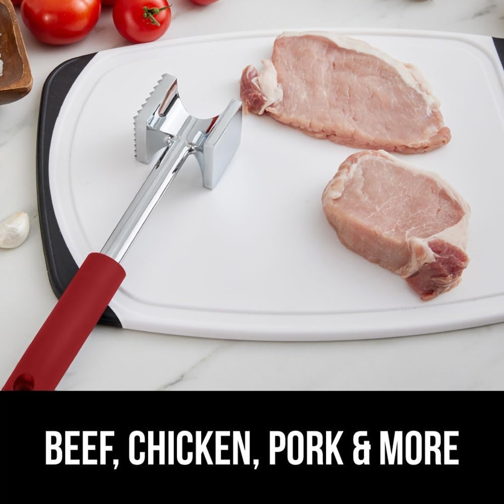 image:imageGORILLA GRIP BPAFree Patented DualSided Meat Tenderizer Tool Soft Comfortable Handle with Hanging Hole Heavy Duty Kitchen Mallet for Steak Beef Fish Chicken Cutlet Pounder Dishwasher Safe BlackRed