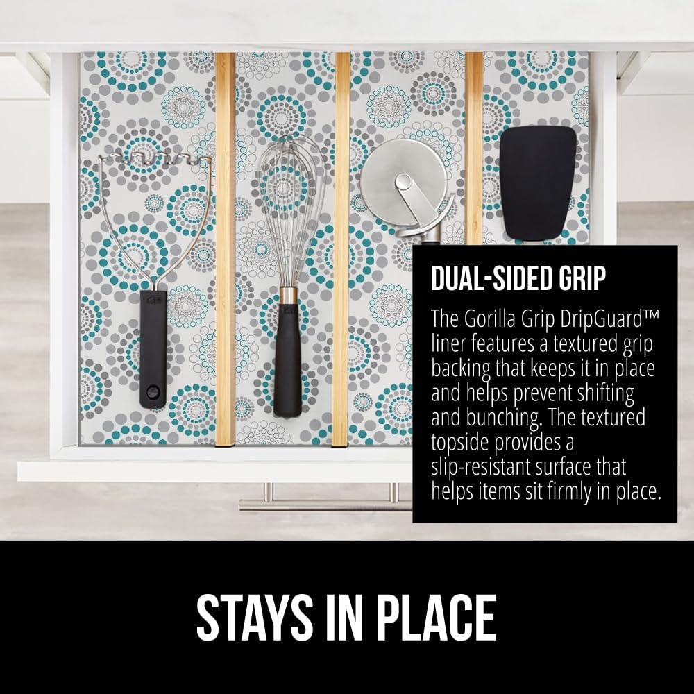 image:imageGORILLA GRIP DripGuard Shelf Liner NonAdhesive Drawer and Kitchen Cabinet Protector Strong Grip Slip Resistant Underside Smooth Surface Liners for Cabinets Bathrooms Closets 12x240 Inch MarbleSpiral Gray Turquoise White