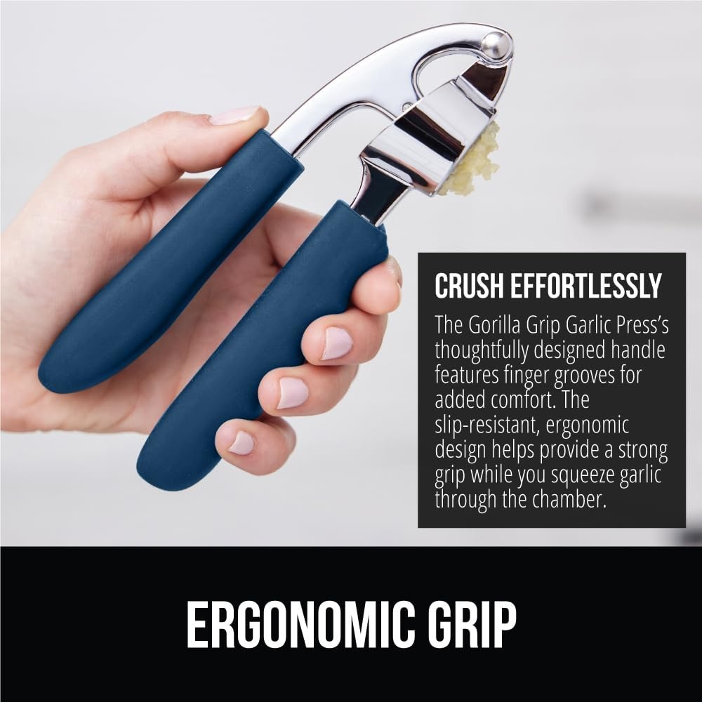 image:imageGORILLA GRIP Garlic Press and Peel Set Heavy Duty Mincer Tool Large Ergonomic Handle Easily Mince and Crush Garlics Ginger Nuts Seeds Peeler Included Peeling Cloves Kitchen Gadgets BlackBlue