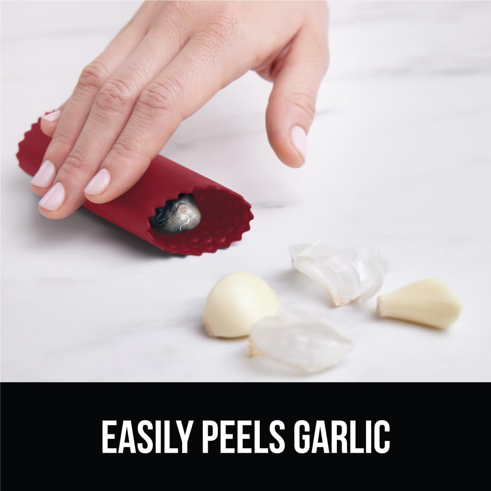 image:imageGORILLA GRIP Garlic Press and Peel Set Heavy Duty Mincer Tool Large Ergonomic Handle Easily Mince and Crush Garlics Ginger Nuts Seeds Peeler Included Peeling Cloves Kitchen Gadgets BlackRed