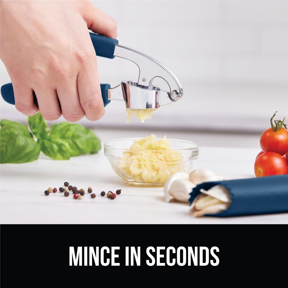 image:imageGORILLA GRIP Garlic Press and Peel Set Heavy Duty Mincer Tool Large Ergonomic Handle Easily Mince and Crush Garlics Ginger Nuts Seeds Peeler Included Peeling Cloves Kitchen Gadgets BlackBlue