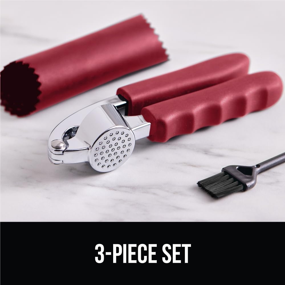 image:imageGORILLA GRIP Garlic Press and Peel Set Heavy Duty Mincer Tool Large Ergonomic Handle Easily Mince and Crush Garlics Ginger Nuts Seeds Peeler Included Peeling Cloves Kitchen Gadgets BlackRed