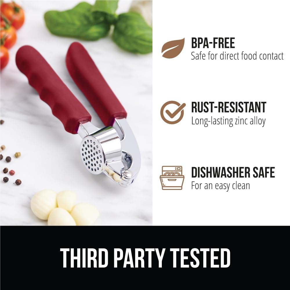 image:imageGORILLA GRIP Garlic Press and Peel Set Heavy Duty Mincer Tool Large Ergonomic Handle Easily Mince and Crush Garlics Ginger Nuts Seeds Peeler Included Peeling Cloves Kitchen Gadgets BlackRed