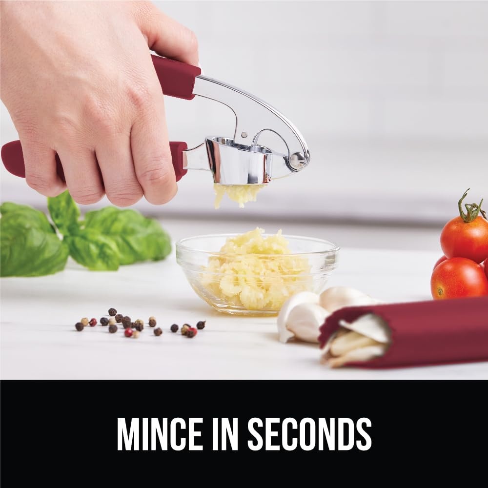 image:imageGORILLA GRIP Garlic Press and Peel Set Heavy Duty Mincer Tool Large Ergonomic Handle Easily Mince and Crush Garlics Ginger Nuts Seeds Peeler Included Peeling Cloves Kitchen Gadgets BlackRed