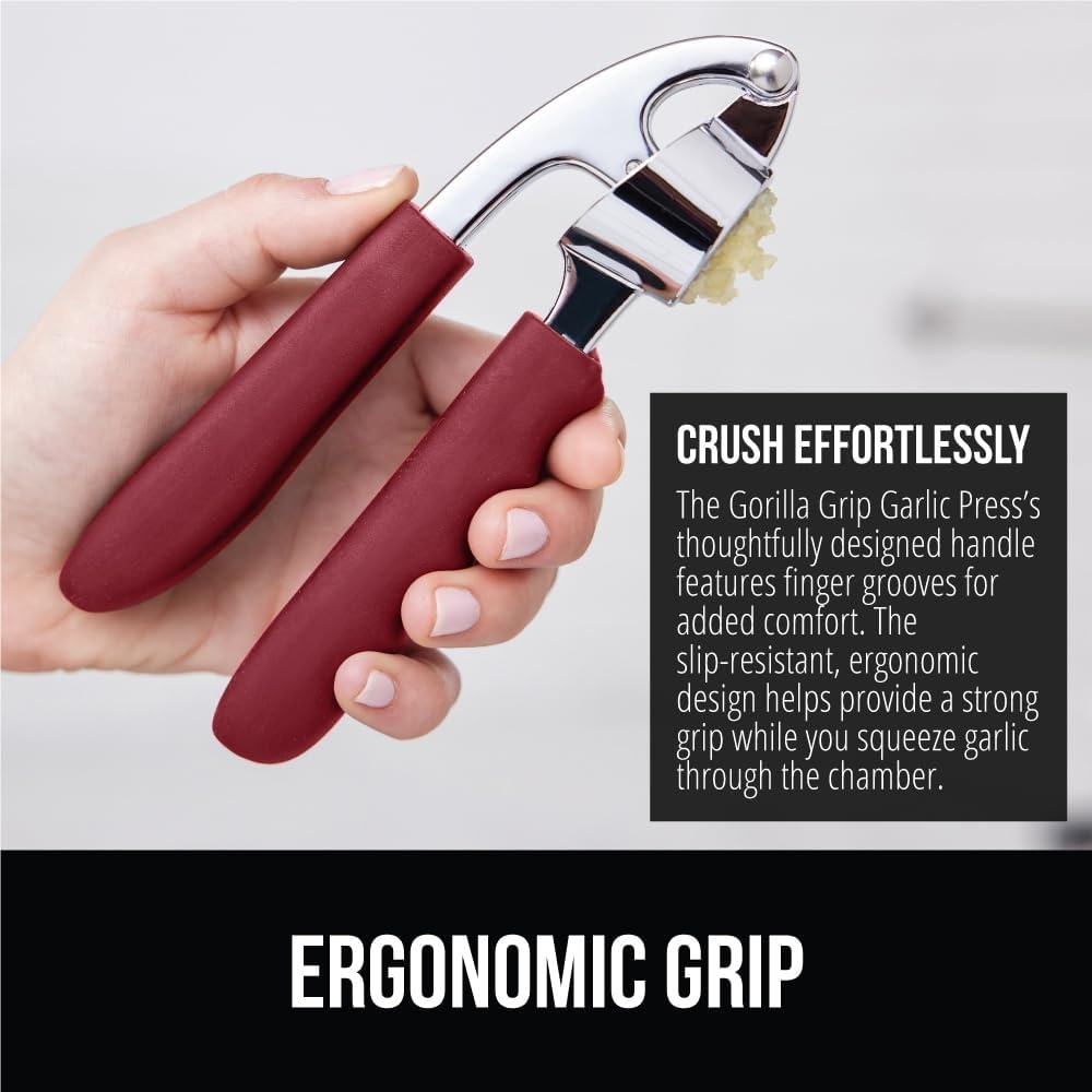 image:imageGORILLA GRIP Garlic Press and Peel Set Heavy Duty Mincer Tool Large Ergonomic Handle Easily Mince and Crush Garlics Ginger Nuts Seeds Peeler Included Peeling Cloves Kitchen Gadgets BlackRed
