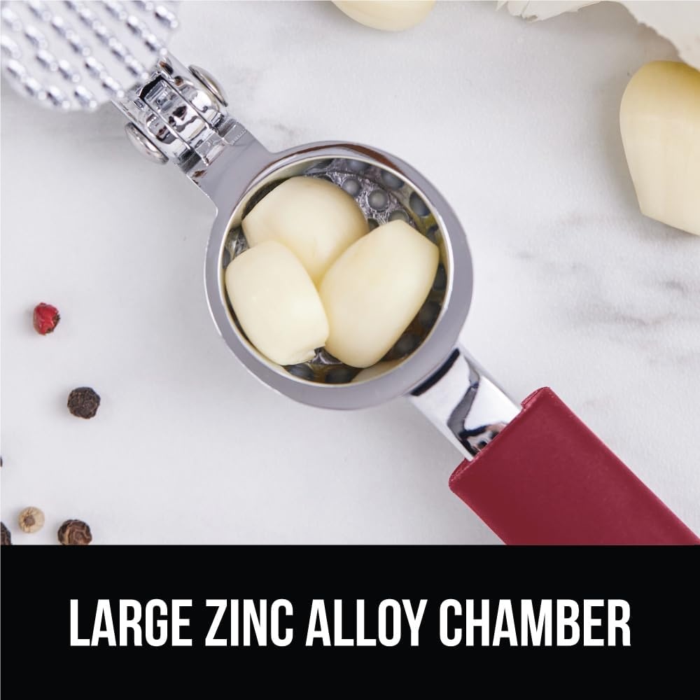 image:imageGORILLA GRIP Garlic Press and Peel Set Heavy Duty Mincer Tool Large Ergonomic Handle Easily Mince and Crush Garlics Ginger Nuts Seeds Peeler Included Peeling Cloves Kitchen Gadgets BlackRed