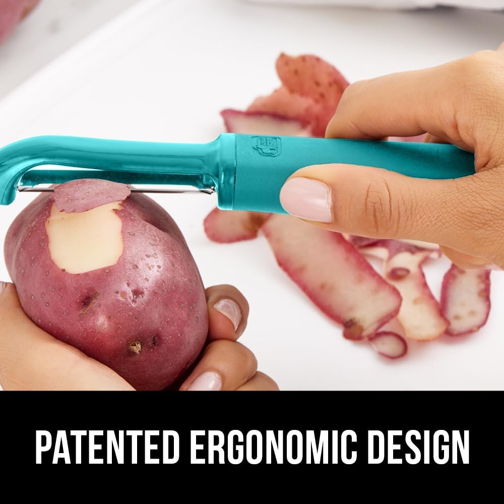 image:imageGORILLA GRIP Patented BPAFree Vegetable Peeler Extra Sharp Swivel Stainless Steel Blades with Guard Comfortable Soft Handle Easily Peel Carrots or Fruit Potato Eye Remover Washer Safe BlackTurquoise