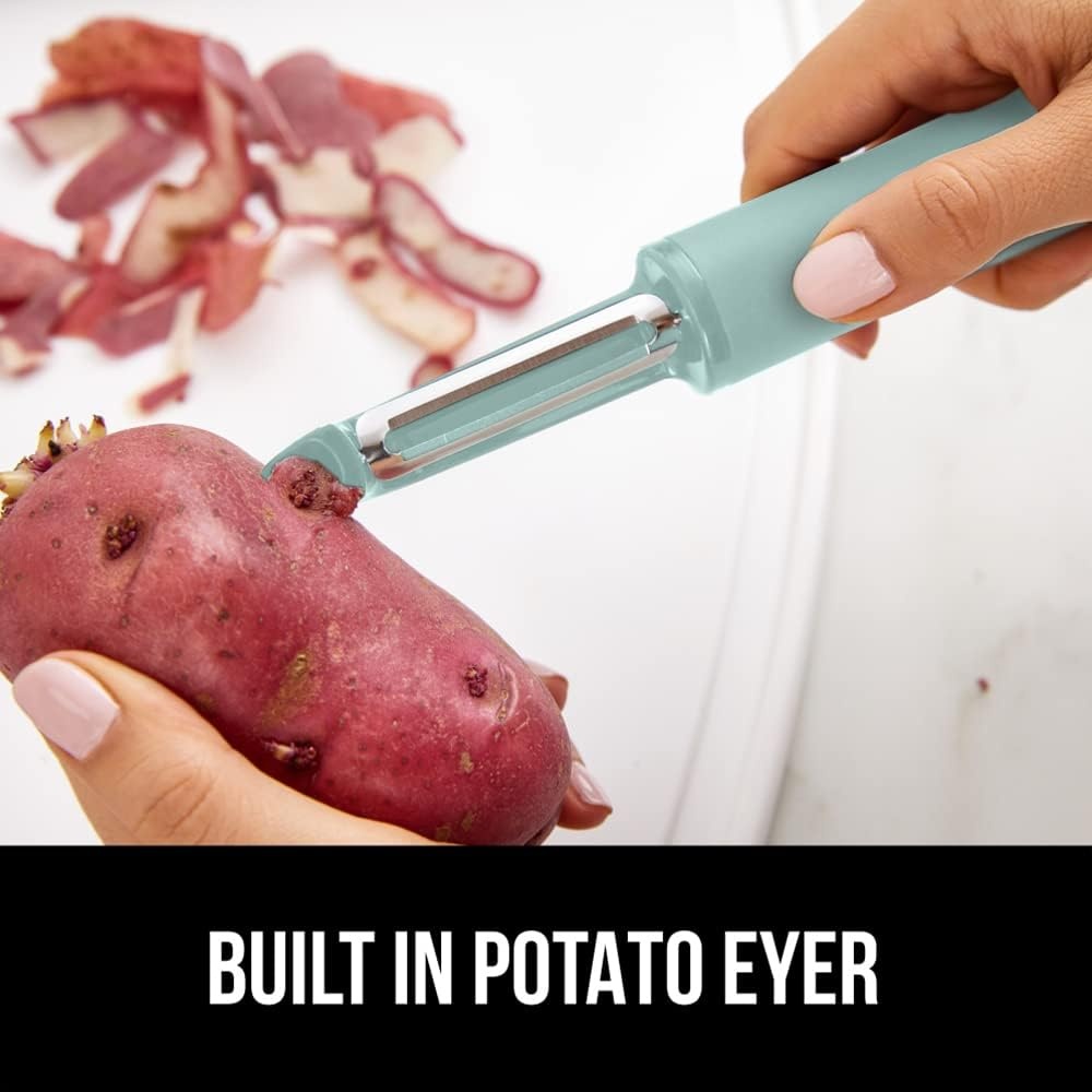image:imageGORILLA GRIP Patented BPAFree Vegetable Peeler Extra Sharp Swivel Stainless Steel Blades with Guard Comfortable Soft Handle Easily Peel Carrots or Fruit Potato Eye Remover Washer Safe BlackMint