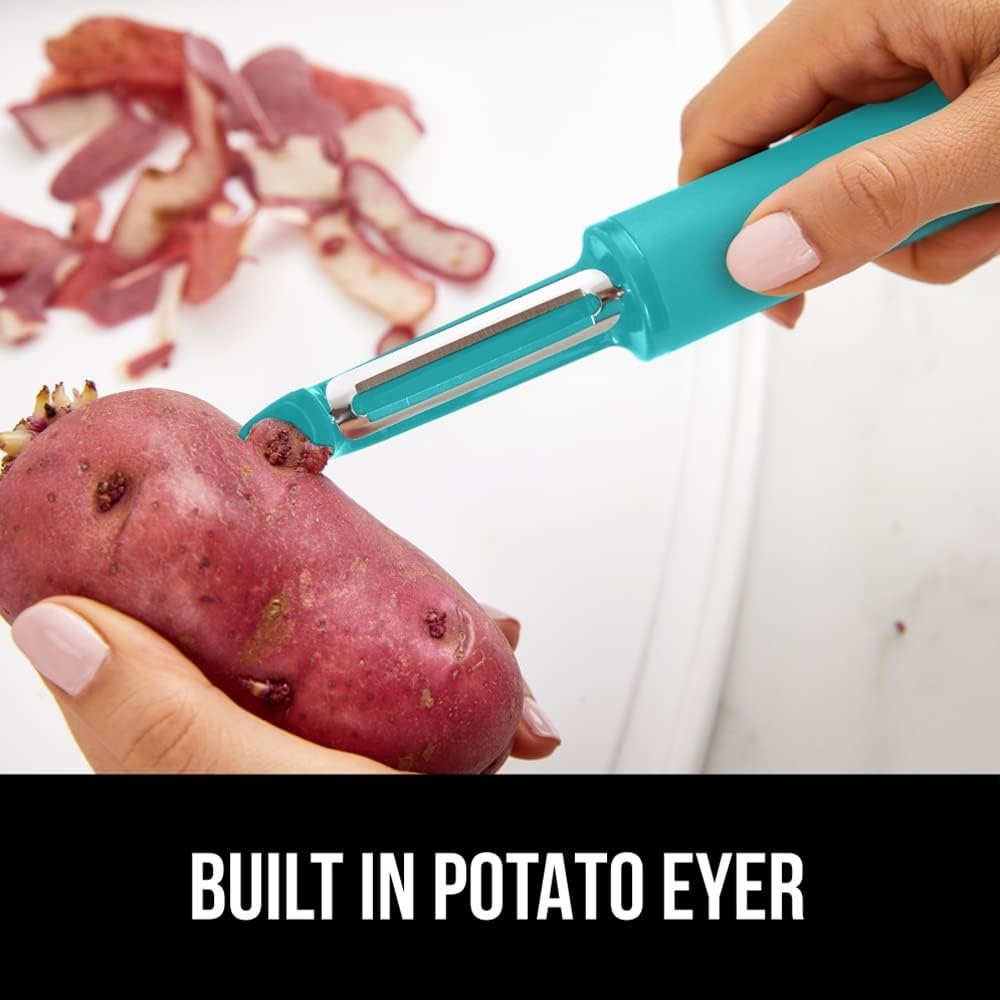 image:imageGORILLA GRIP Patented BPAFree Vegetable Peeler Extra Sharp Swivel Stainless Steel Blades with Guard Comfortable Soft Handle Easily Peel Carrots or Fruit Potato Eye Remover Washer Safe BlackTurquoise